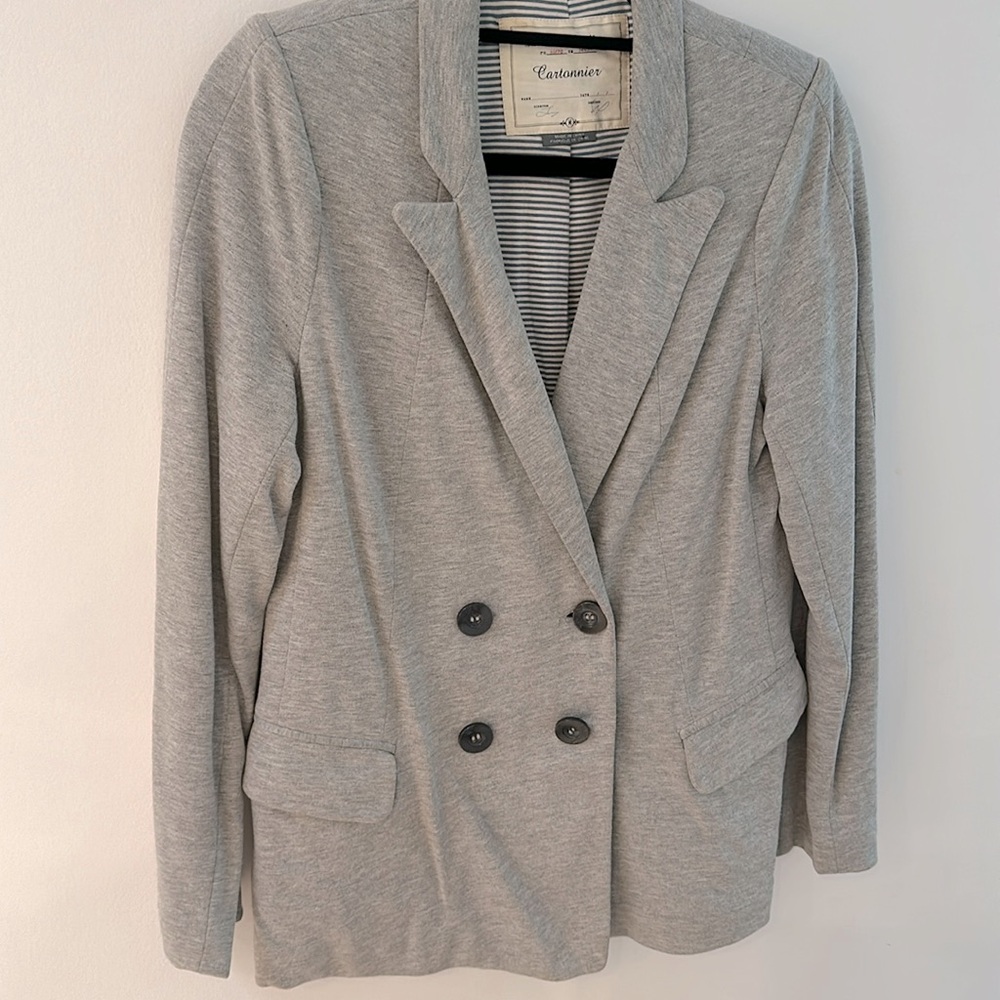 Anthropologie double breasted grey sweatshirt material jacket or blazer size M